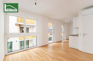 Anlageobjekt in Tokiostraße, 1220 Wien, Neubau-Erstbezugs-Apartment für Kurzzeitvermietung! Widmung für Büro möglich. Beim Kirschblütenpark. Hochwertige 3 Zimmer Einheit mit Terrasse, Balkon und Markenküche. Mit Klimaanlage!