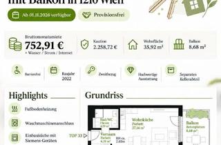 Wohnung mieten in Leopoldine-Padaurek-Straße 17, 1210 Wien, Provisionsfreie 1-Zimmer-Wohnung mit Balkon und hochwertiger Einbauküche – 1210 Wien