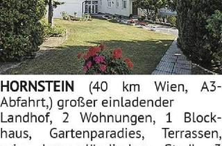 Haus kaufen in 7053 Hornstein, großer einladender Landhof, 2 Wohnungen, 1 Blockhaus, Gartenparadies, Terrassen, orig. burgenländisc